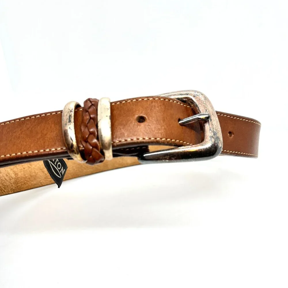 VINTAGE BRIGHTON Belt Brown Leather Silver Tone Buckle Braided Keeper SMALL
